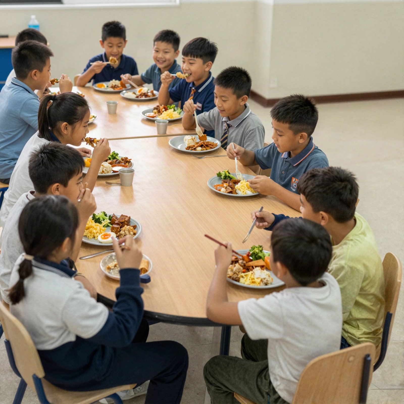 Schoolchildren eating a hot lunch together at long tables