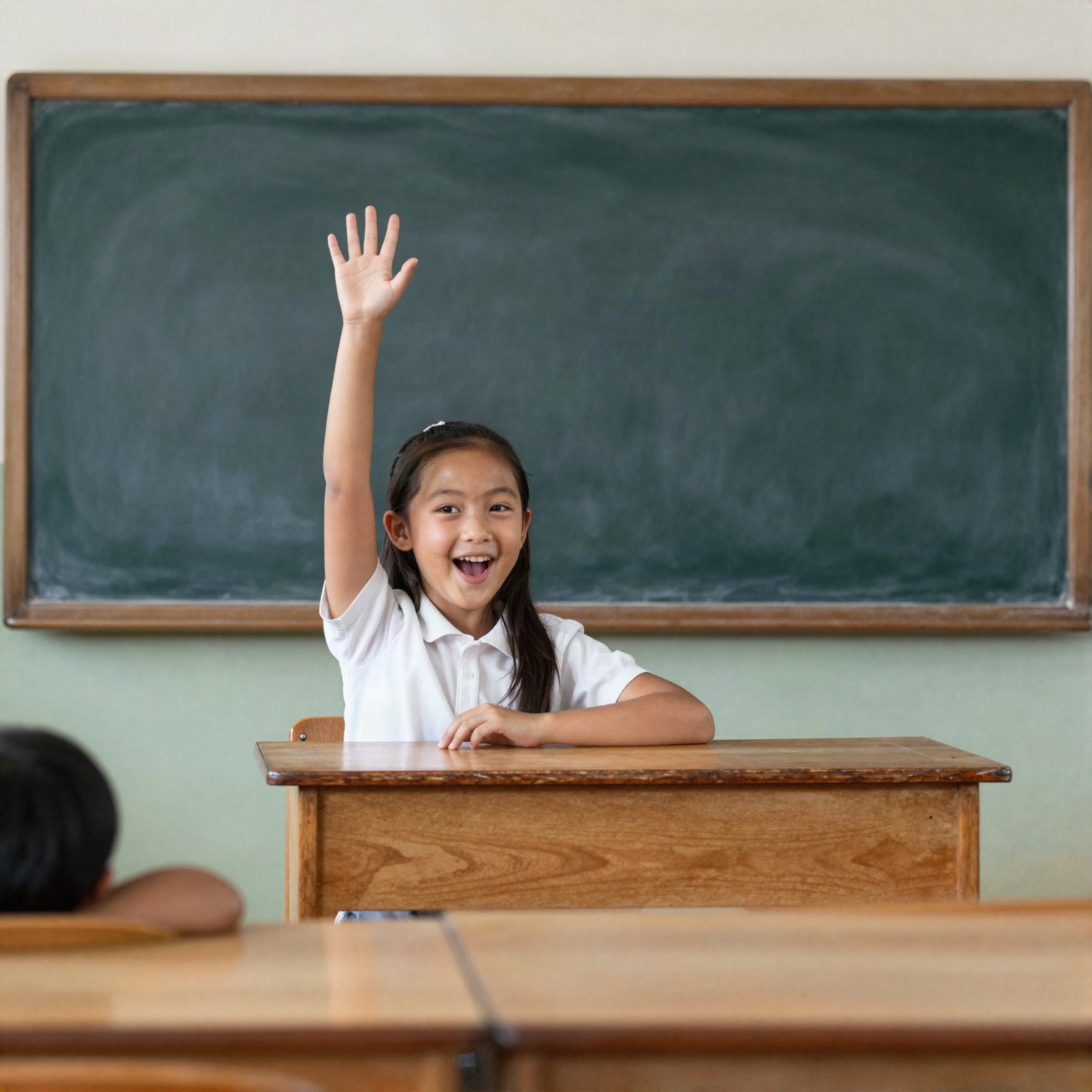 A happy girl raising her hand in a village classroom
