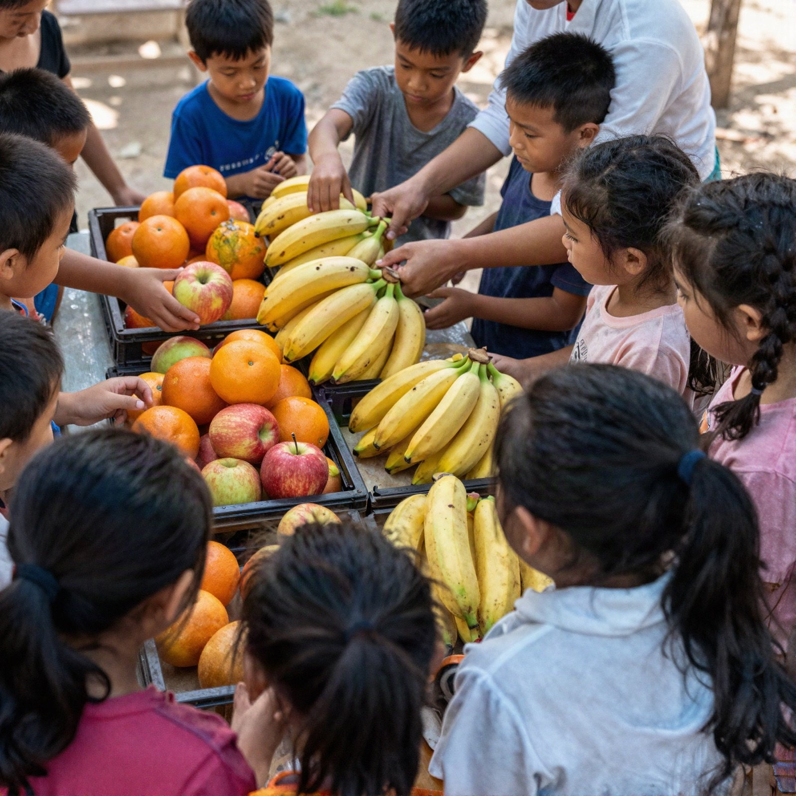 Children reaching for fresh oranges, apples and bananas