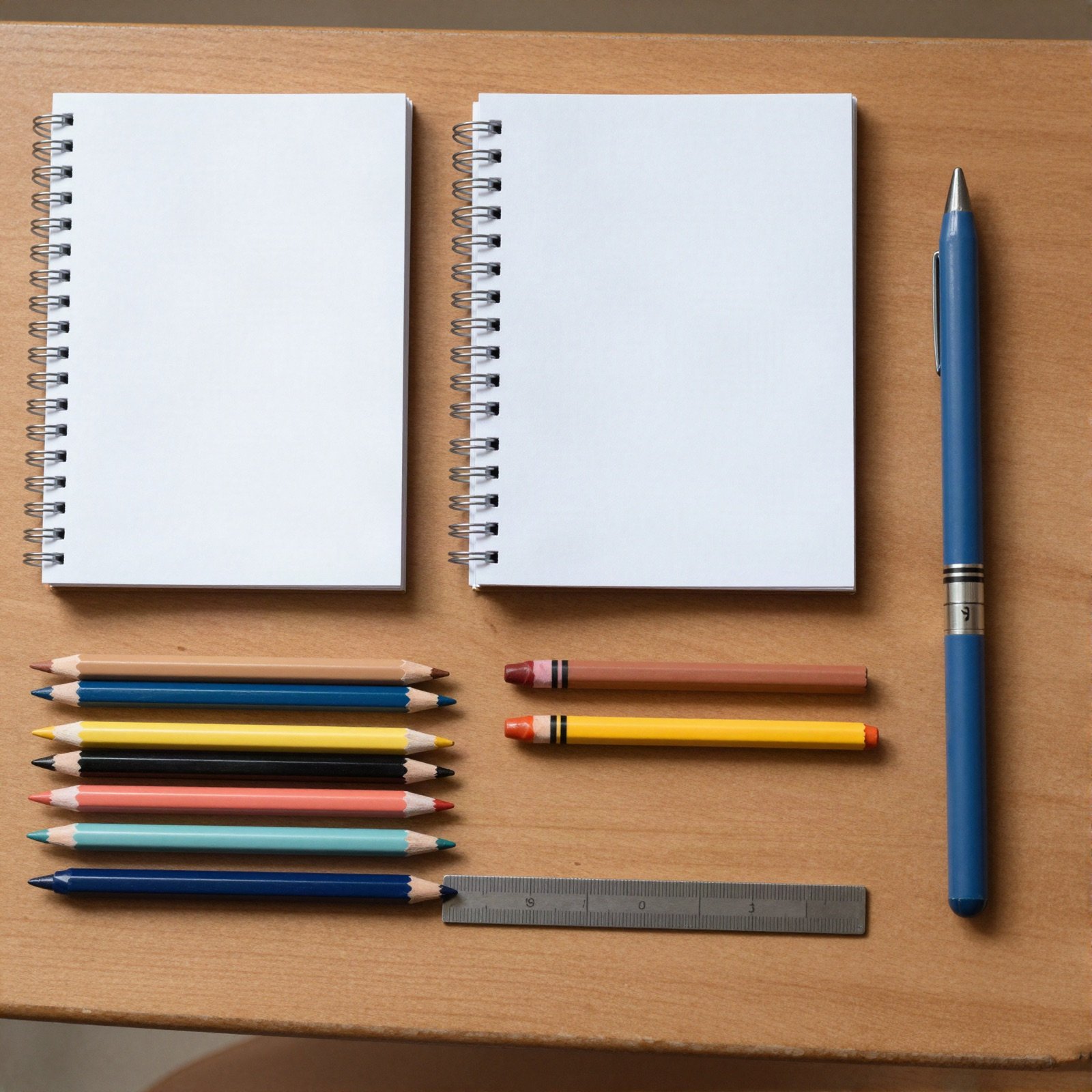 Notebooks, coloured pencils and crayons laid out on a school desk