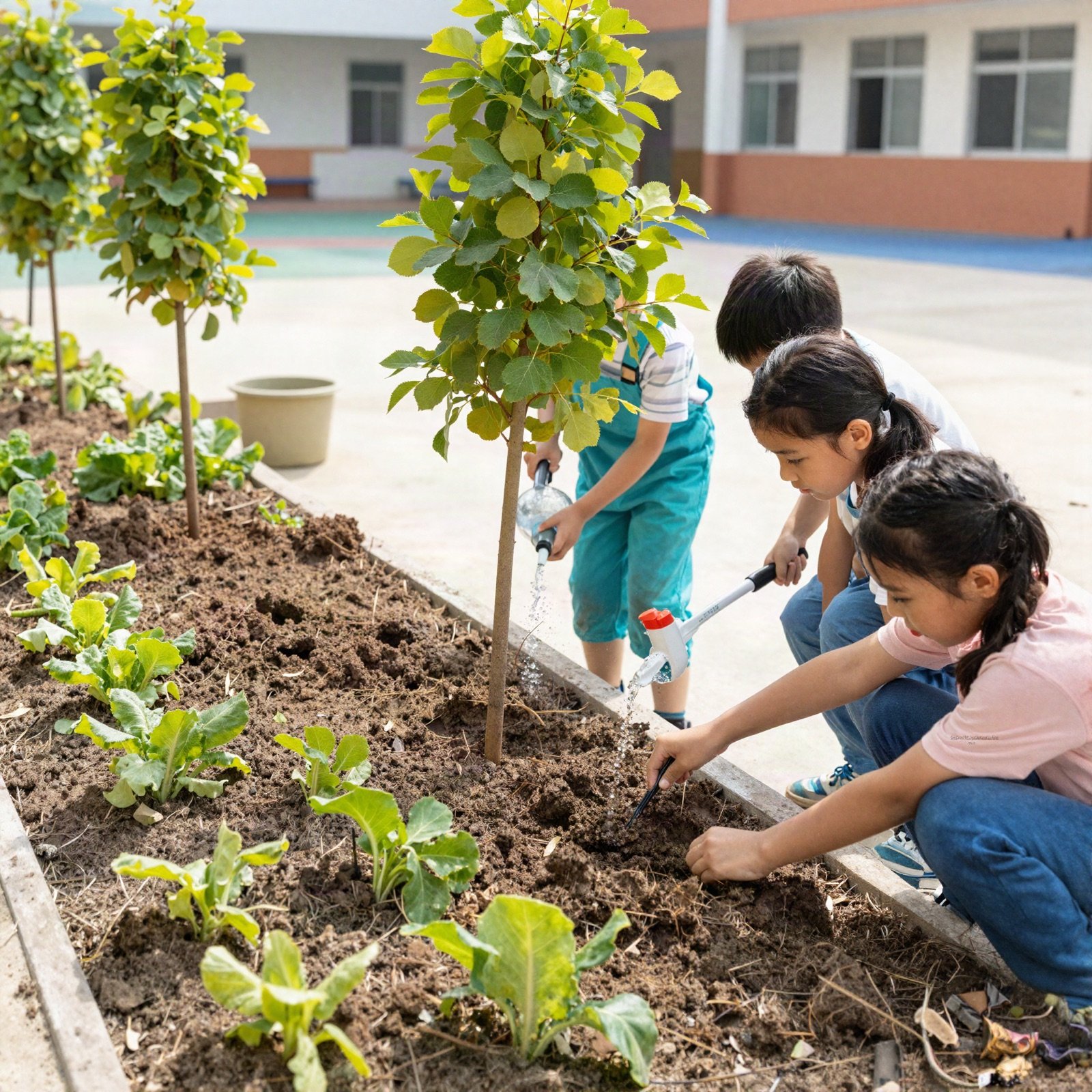 Children planting trees and watering a school garden