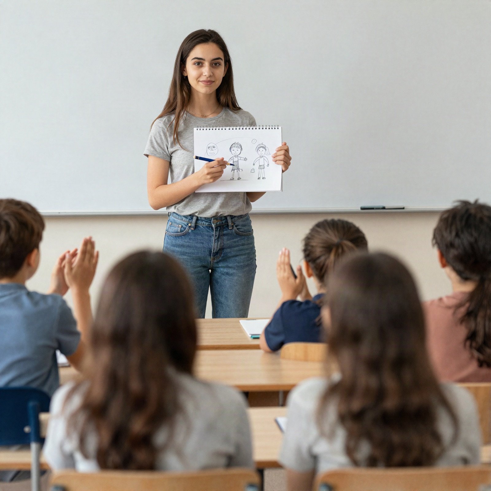 Children clapping as a girl presents her drawing to the class
