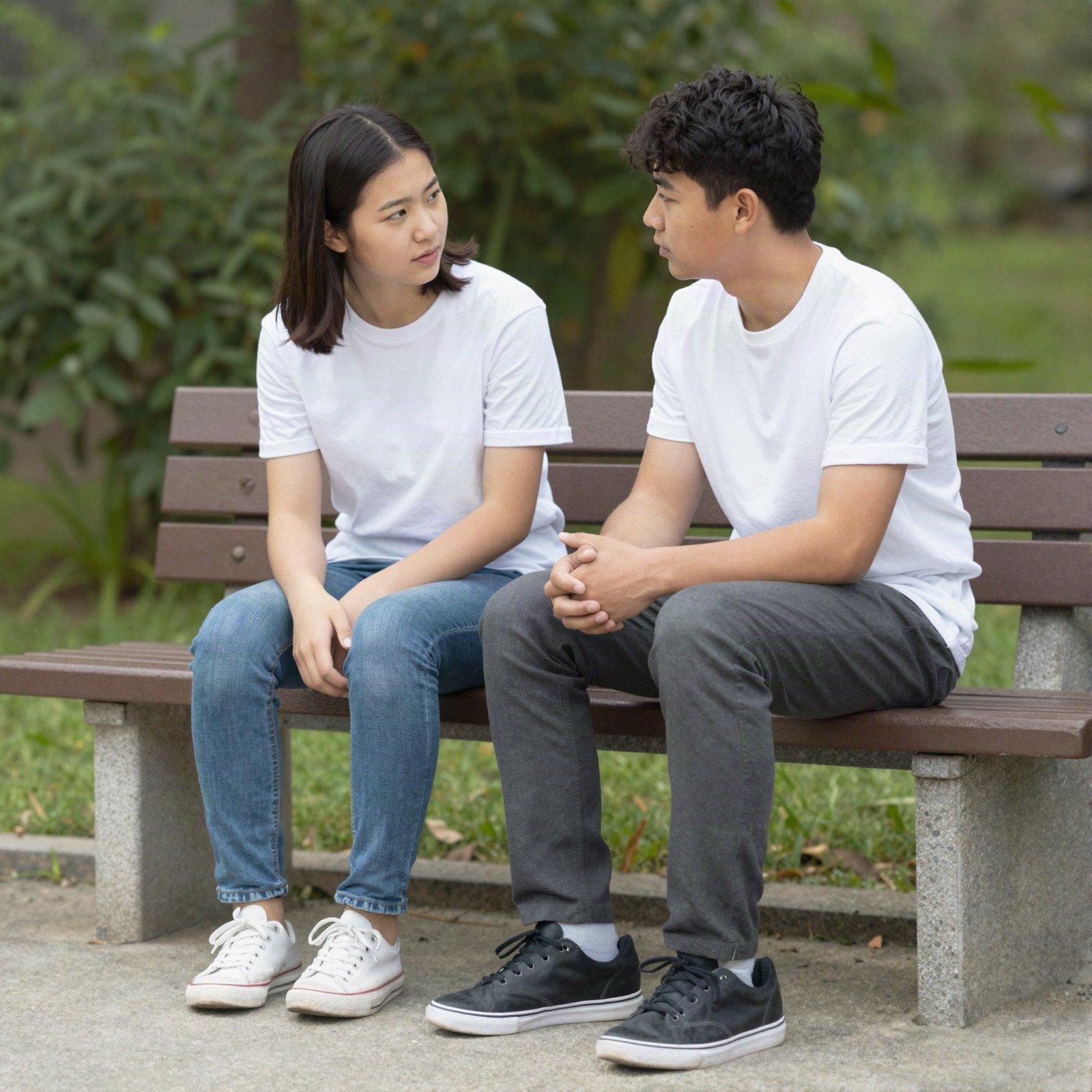 A counsellor talking with a teenager on a garden bench