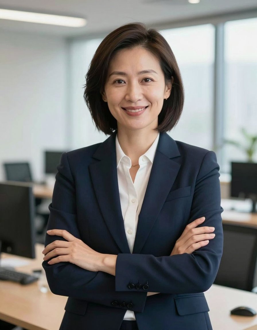 Chartered accountant in a navy blazer standing in her office