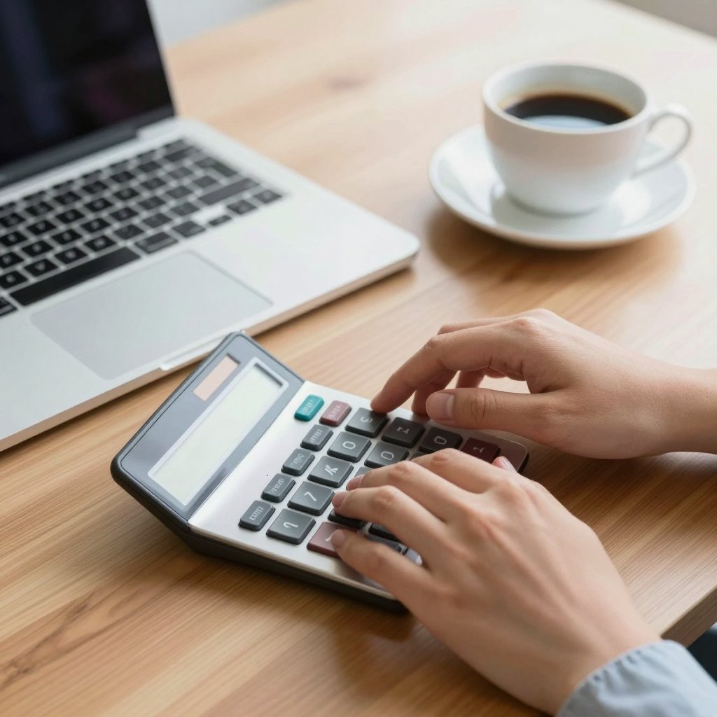Hands using a calculator next to a laptop on a wooden desk