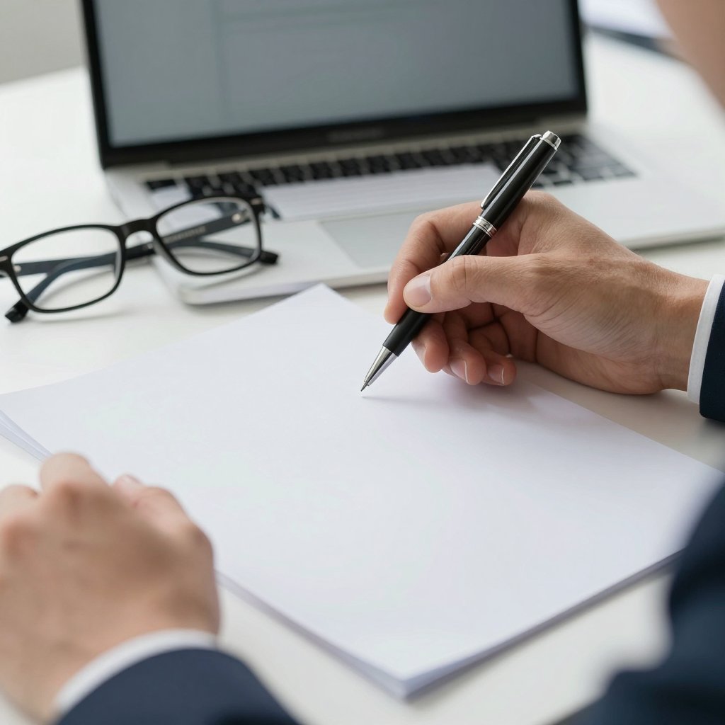 Accountant with a pen over paper forms and reading glasses