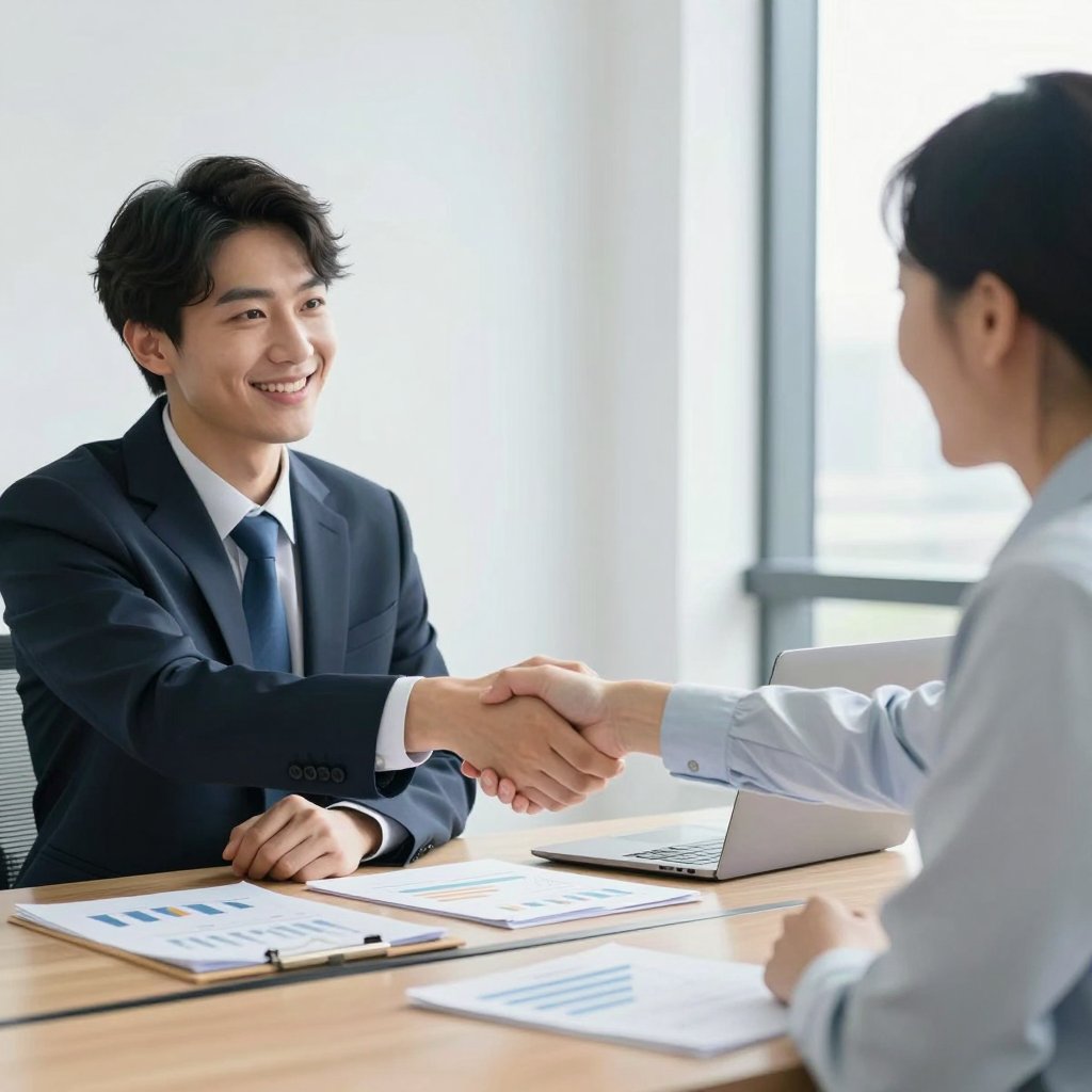 Adviser shaking hands with a business owner across a meeting table
