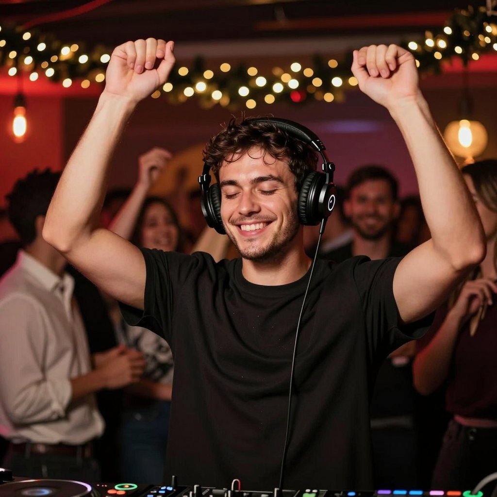 DJ in headphones playing to the crowd at a festive party