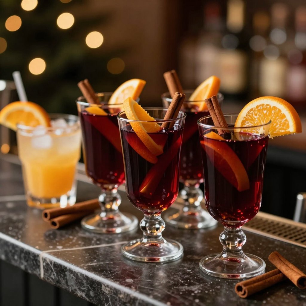 Mulled wine and festive cocktails on a bar counter
