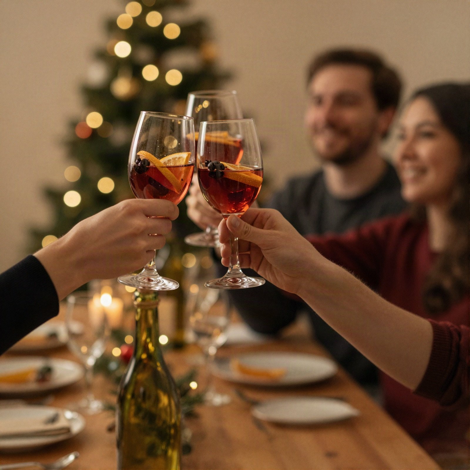 Friends toasting with glasses of mulled wine beside a lit Christmas tree