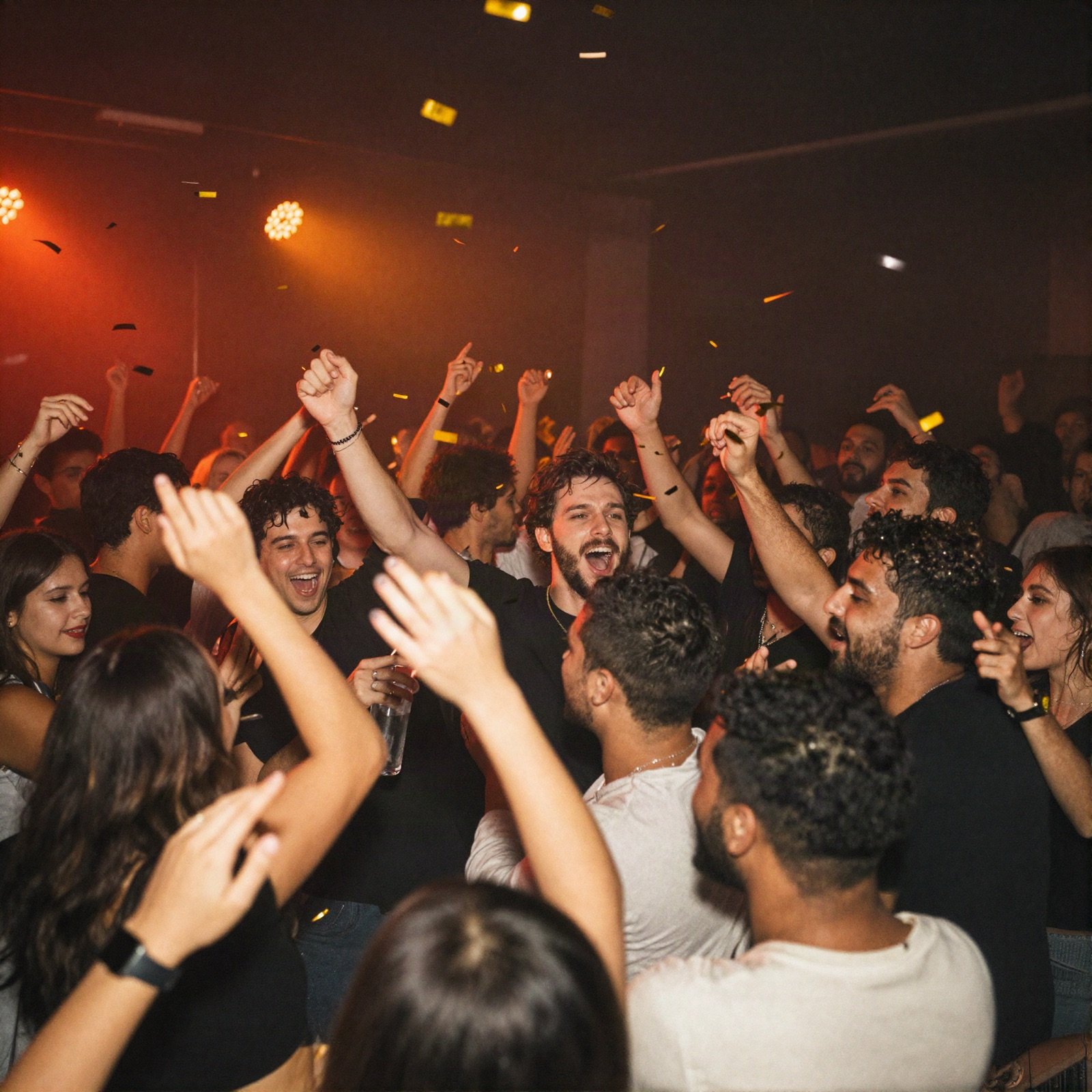 Crowd dancing under falling confetti and warm stage lights