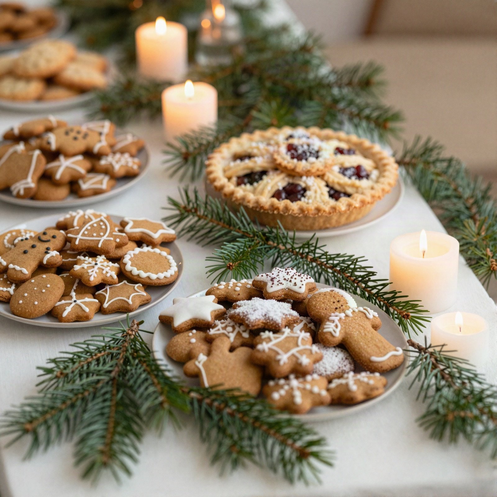 Festive table of gingerbread cookies, pie and candles among pine branches
