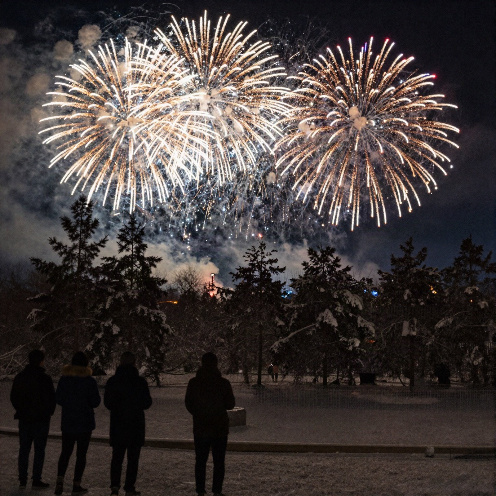 Fireworks bursting over snowy pine trees as guests watch