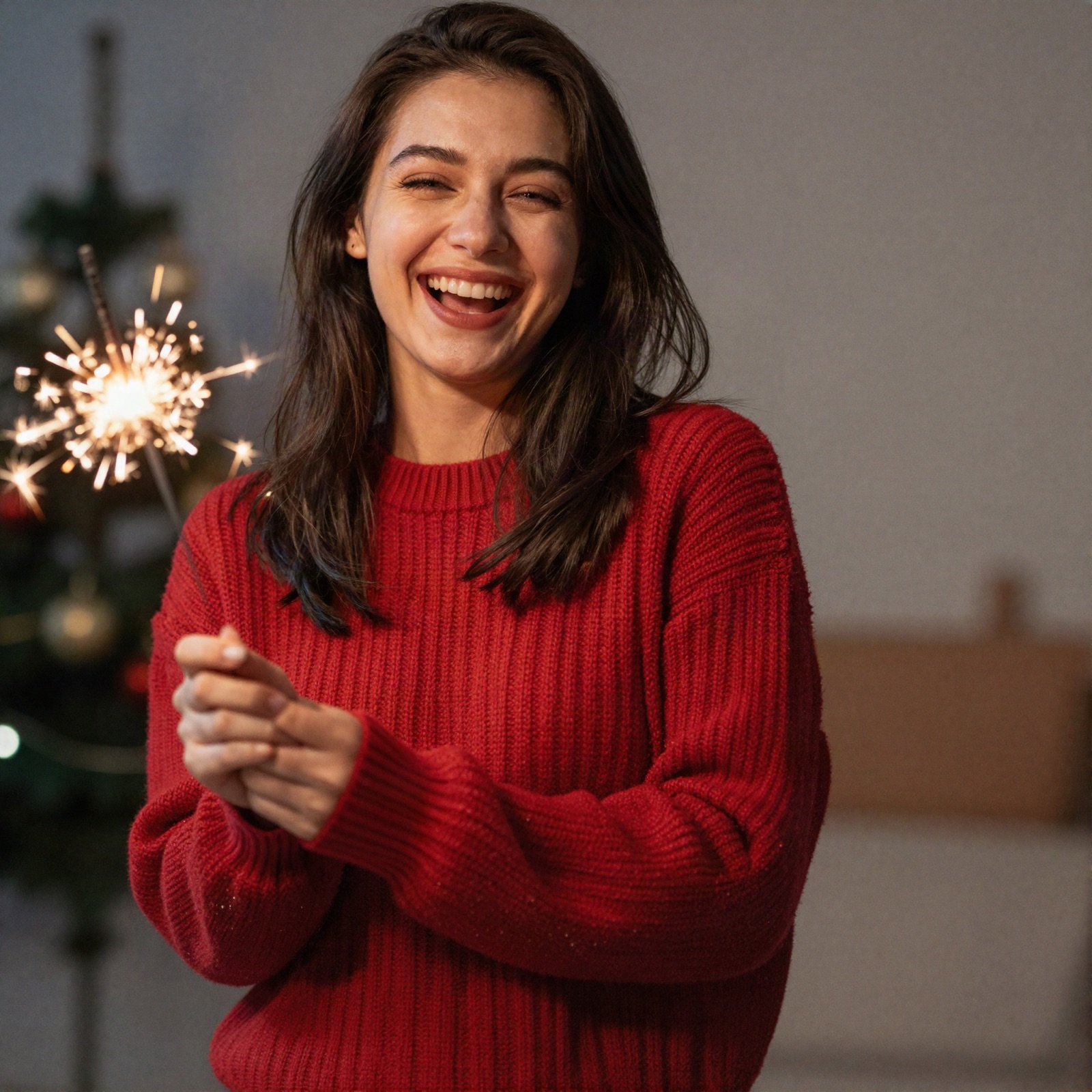 Laughing woman in a red sweater with a lit sparkler