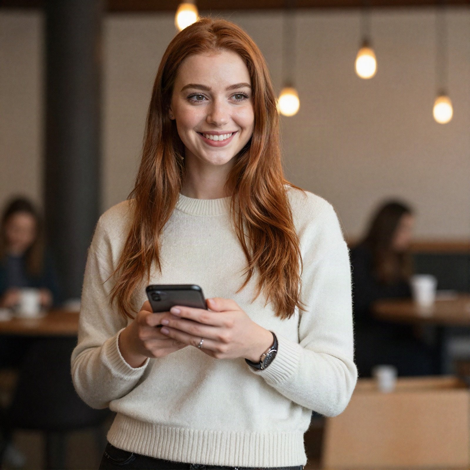 Rania Saleh, marketing, holding her phone