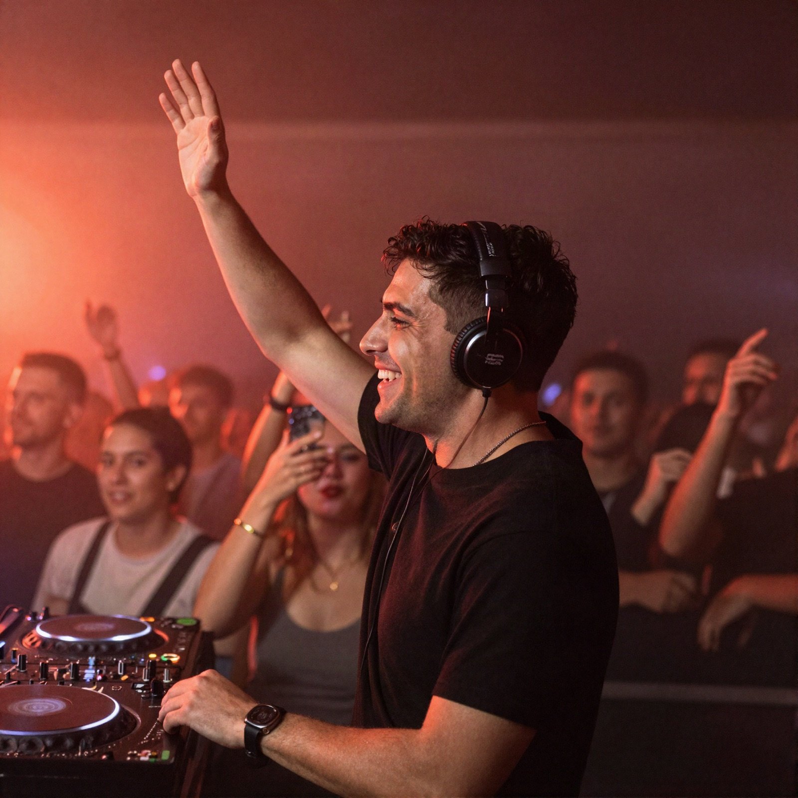 DJ in headphones waving to the crowd from the decks
