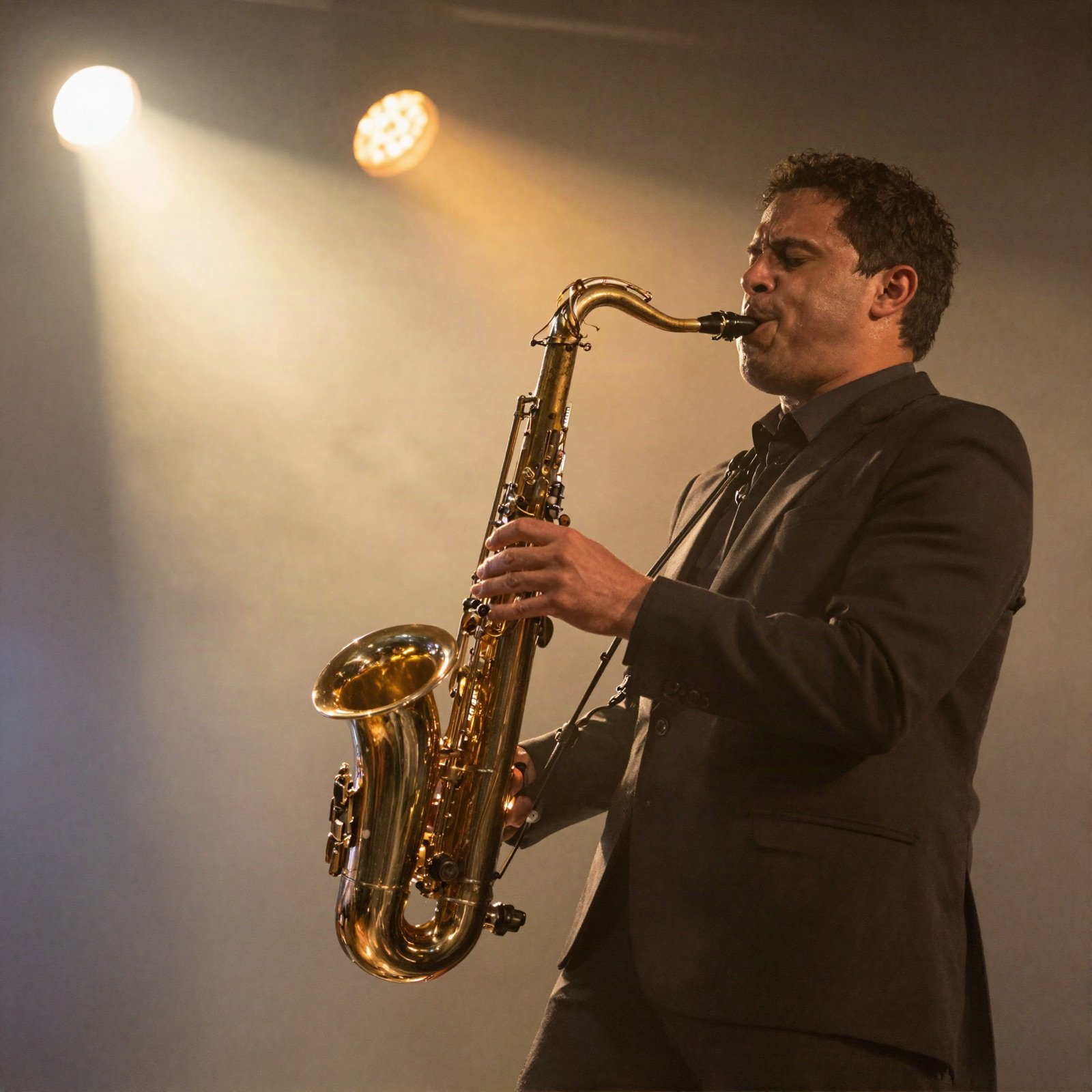 Saxophonist playing under golden spotlights