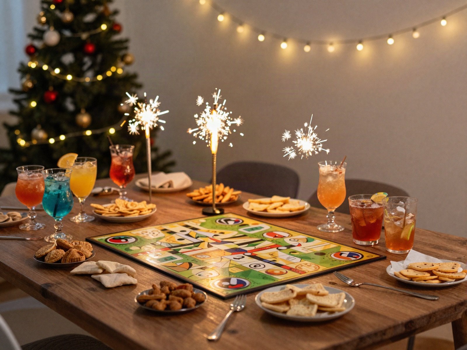 Party table with cocktails, snacks, a board game and sparklers by the Christmas tree