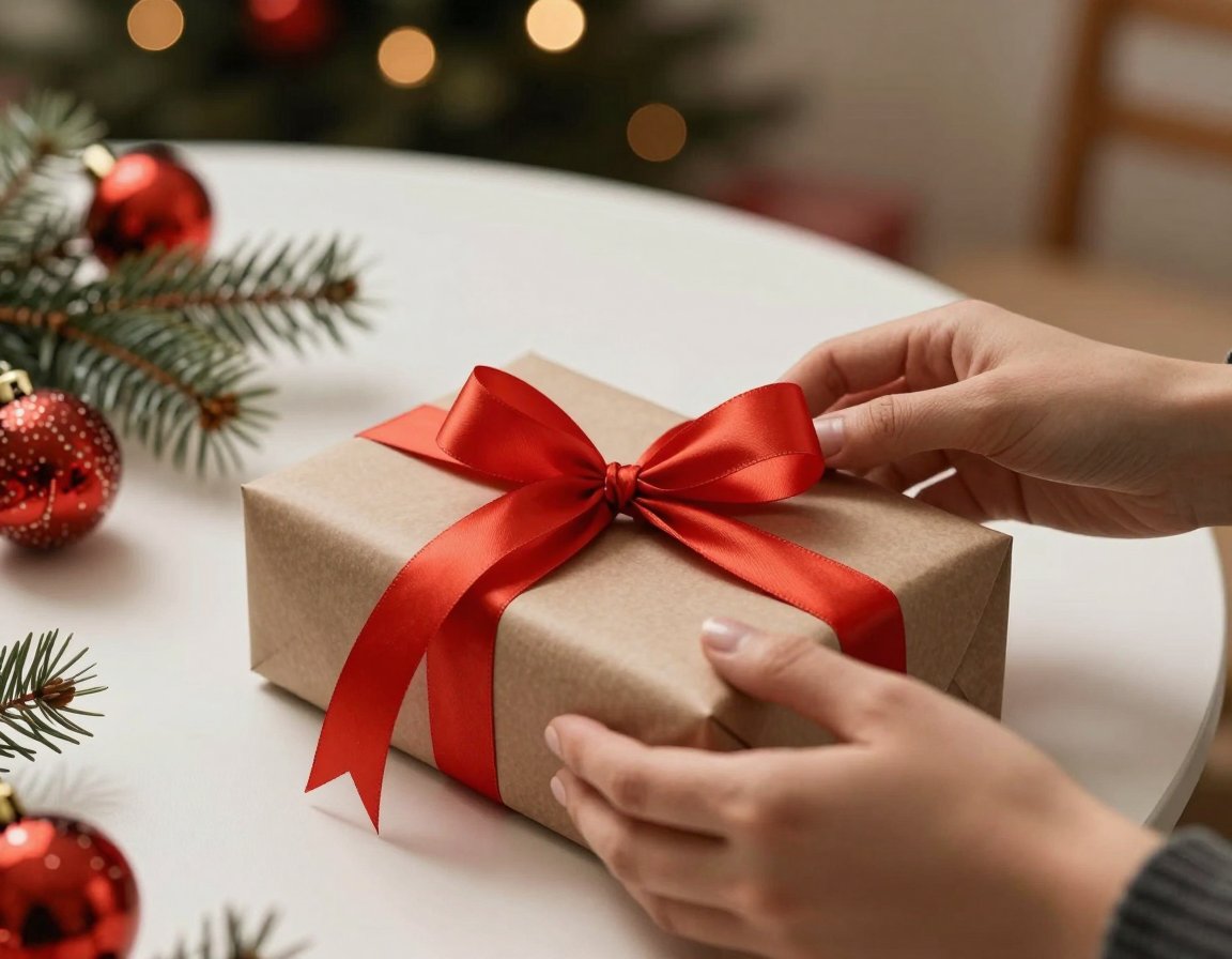 Hands wrapping a Christmas gift with red ribbon