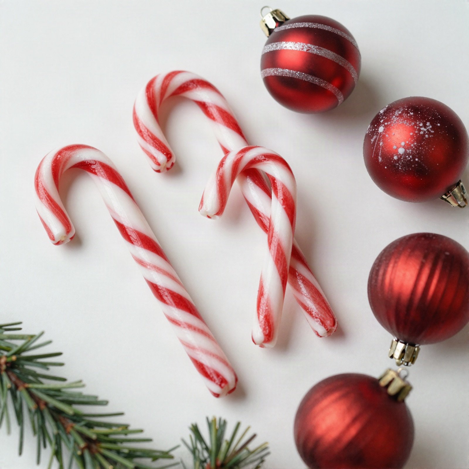 Candy canes and red Christmas baubles with pine sprigs