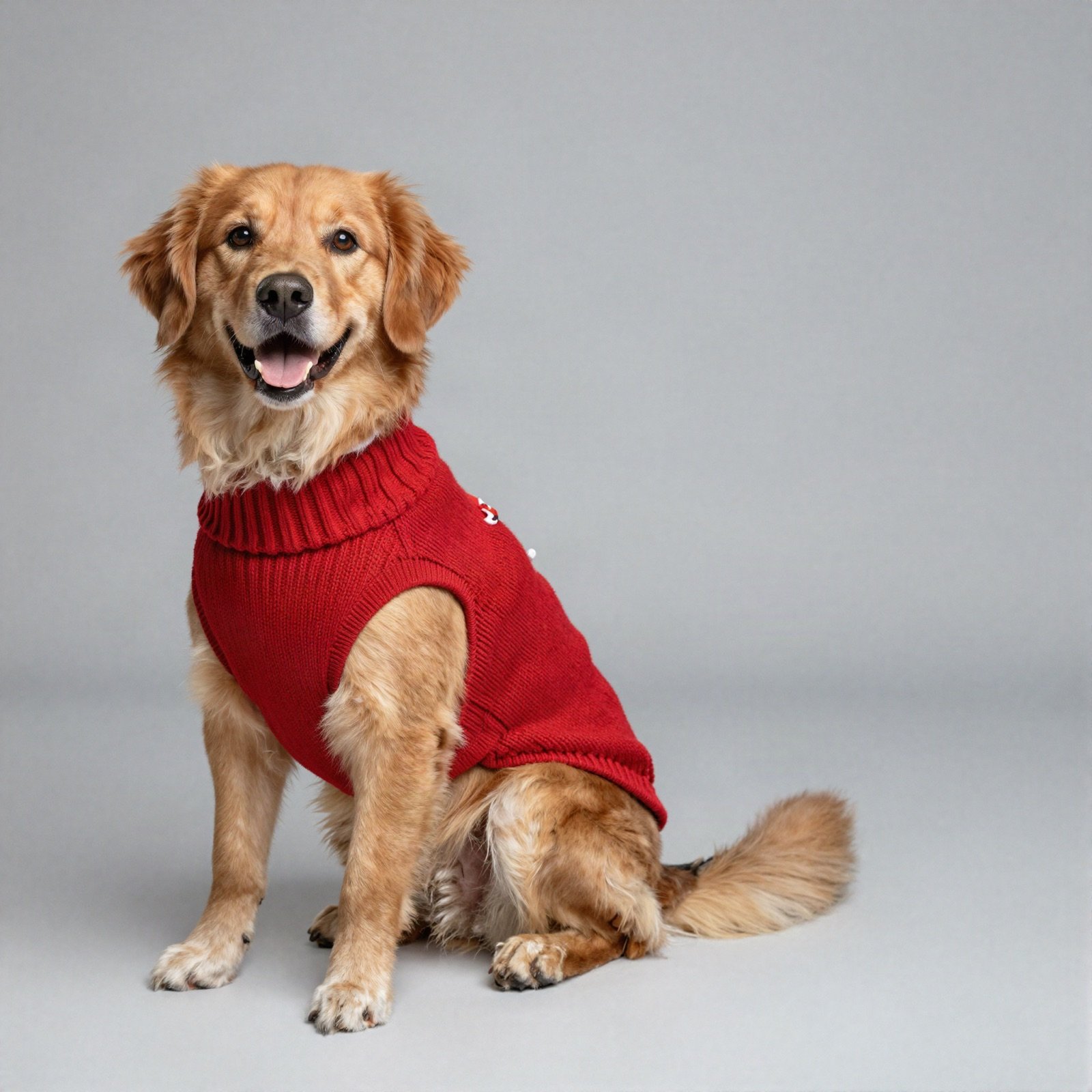 Golden dog wearing a red knitted Christmas sweater