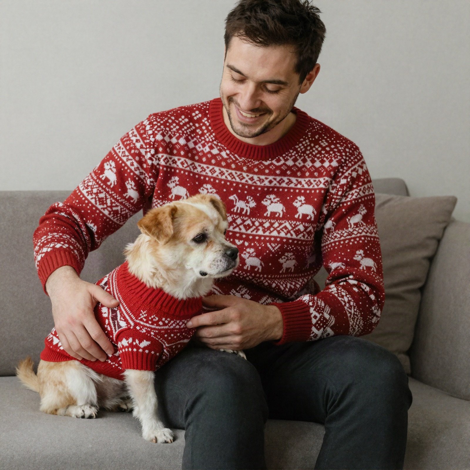 Man and his dog in matching red Nordic Christmas sweaters