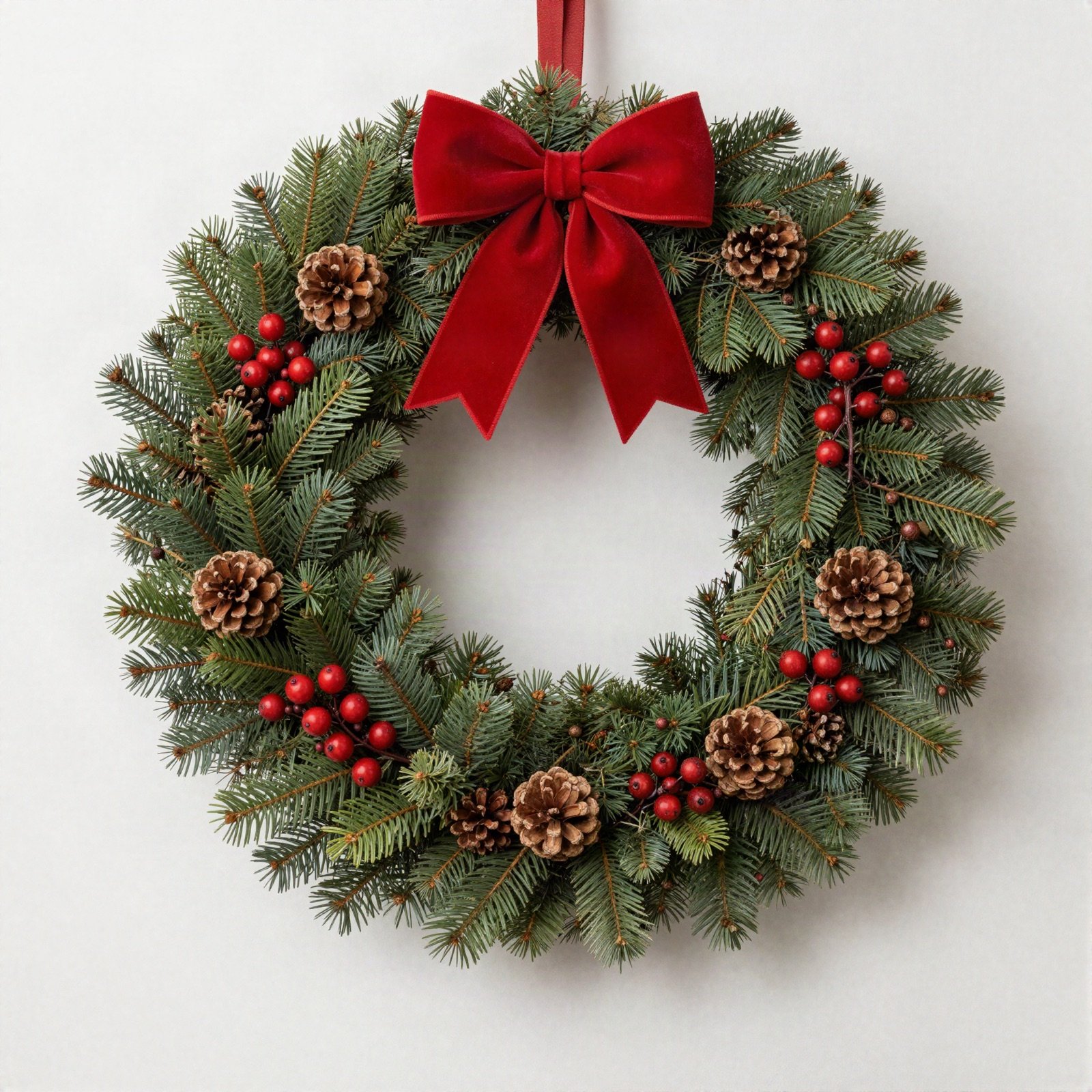 Evergreen wreath with pine cones, red berries and a velvet bow