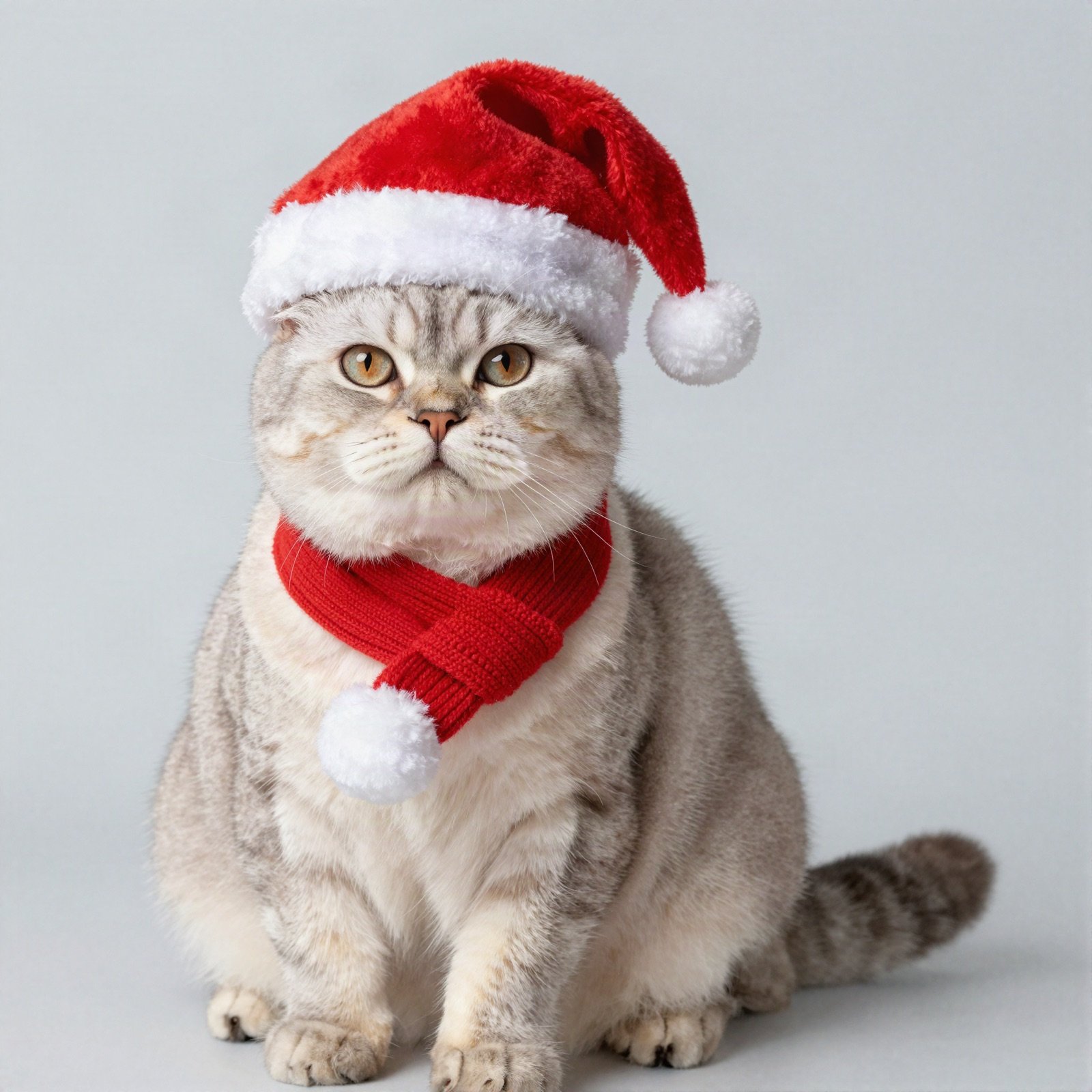 Cat wearing a Santa hat and a red scarf