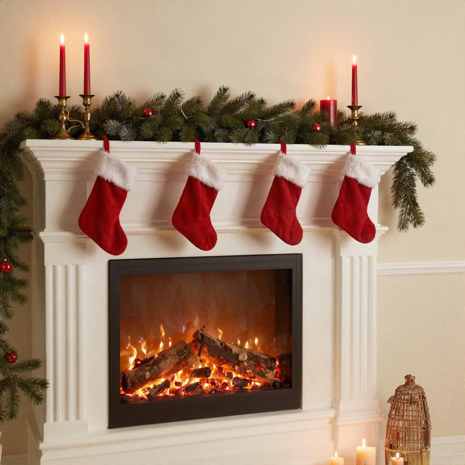 Fireplace mantel with pine garland, red candles and stockings