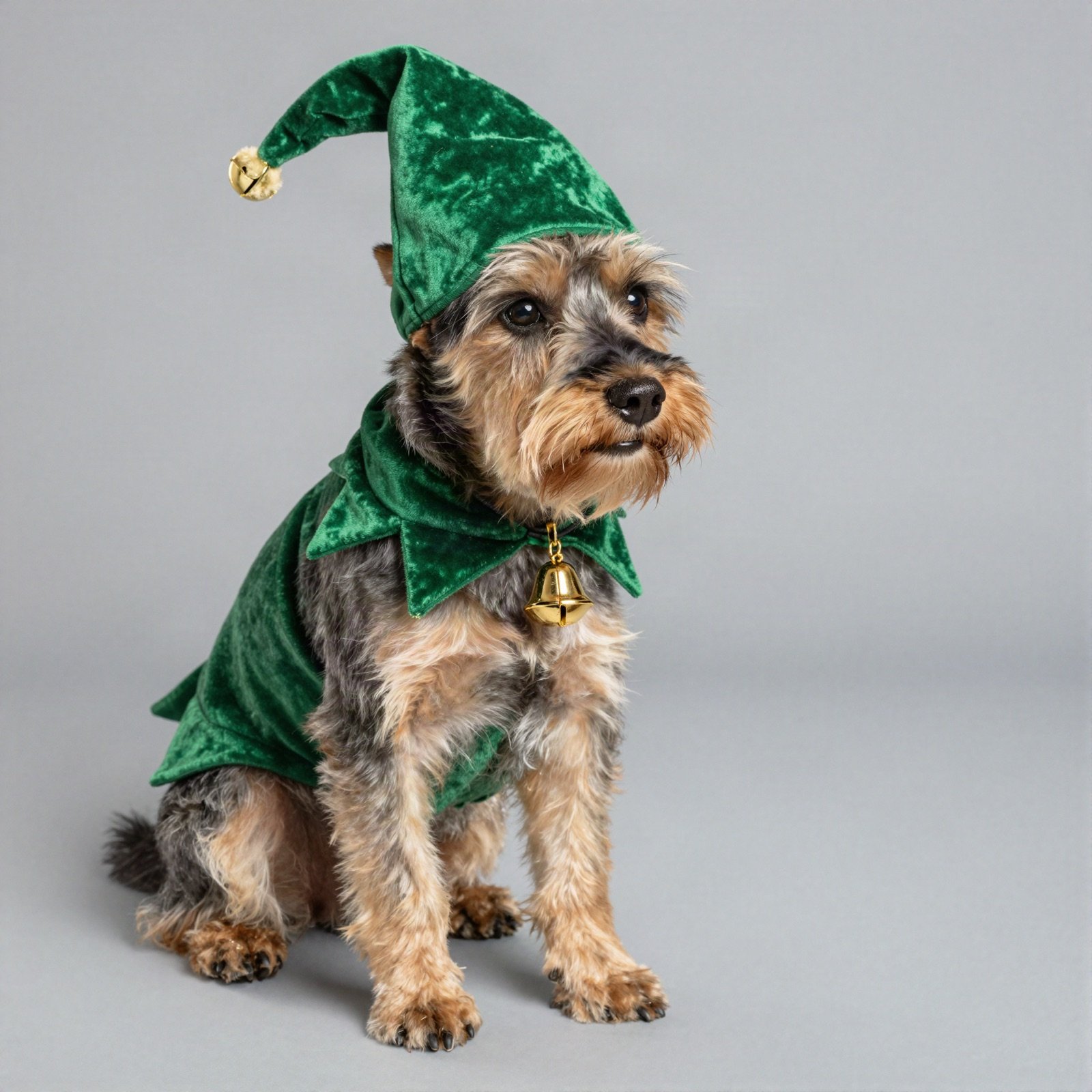 Terrier in a green velvet elf costume with a jingle bell