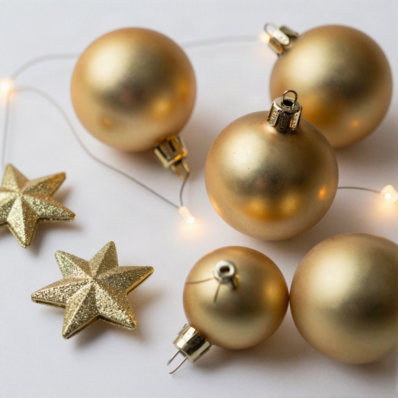 Gold Christmas baubles and glitter stars with fairy lights