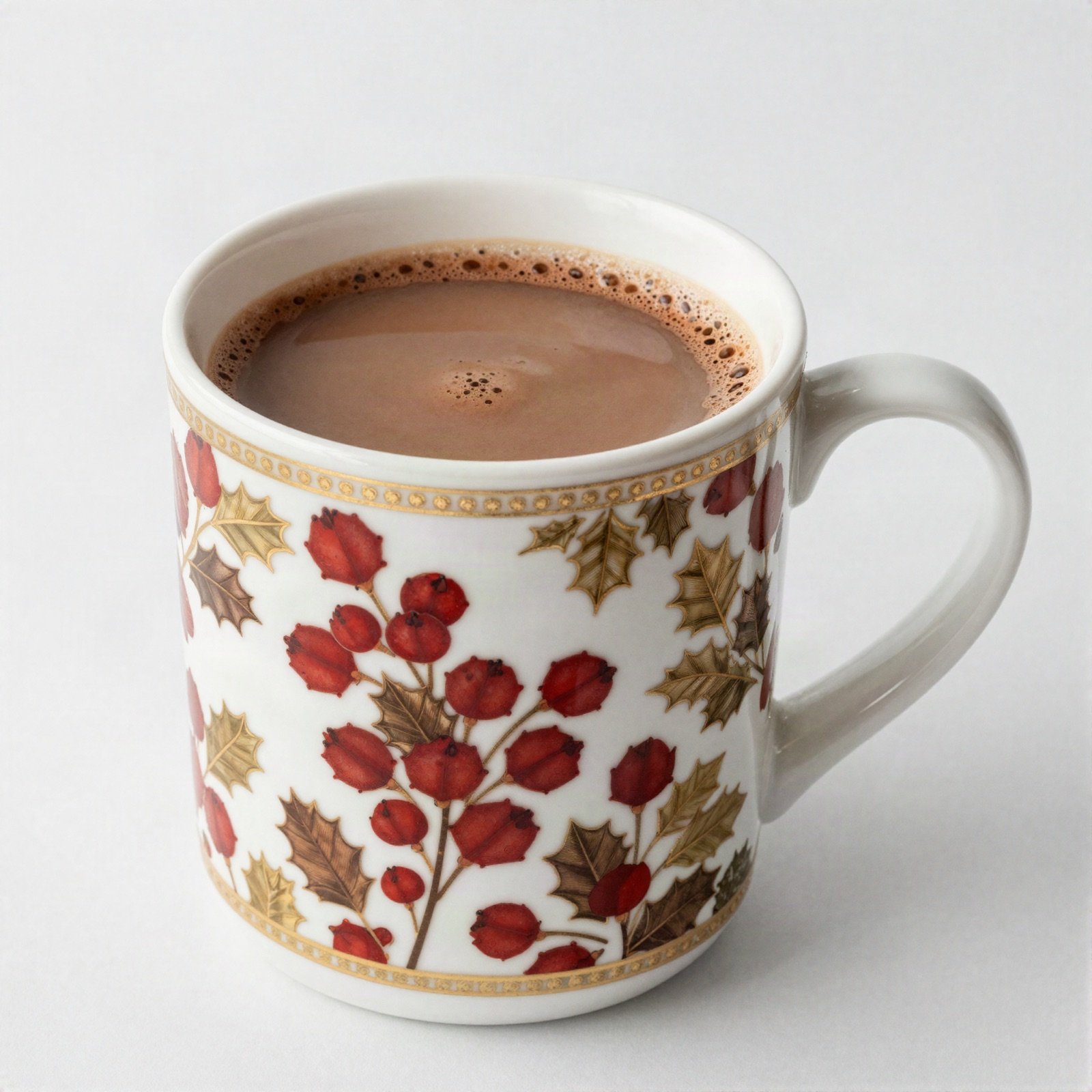 White ceramic mug with a red and gold holly pattern, filled with cocoa