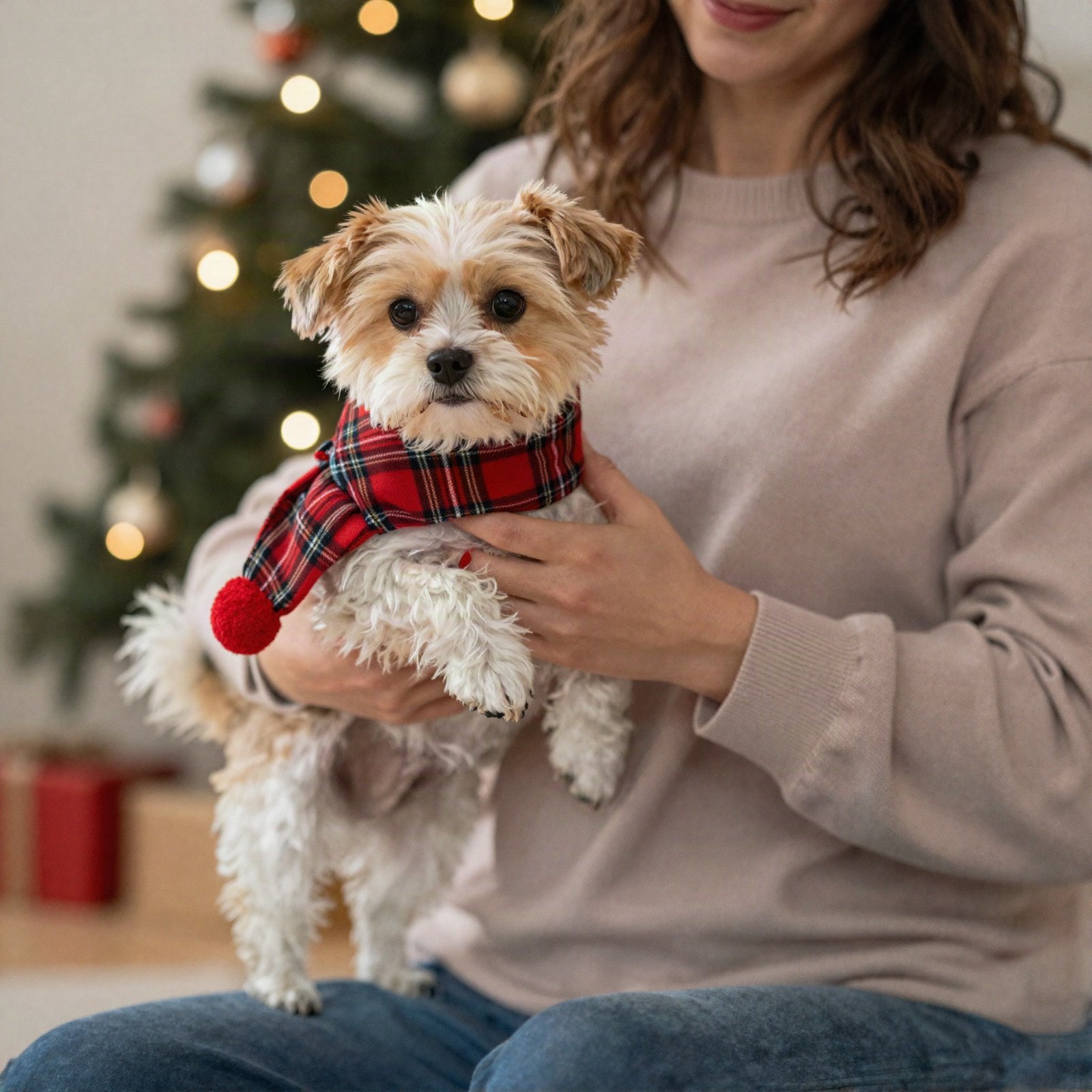Woman holding a small dog in a red plaid Christmas scarf