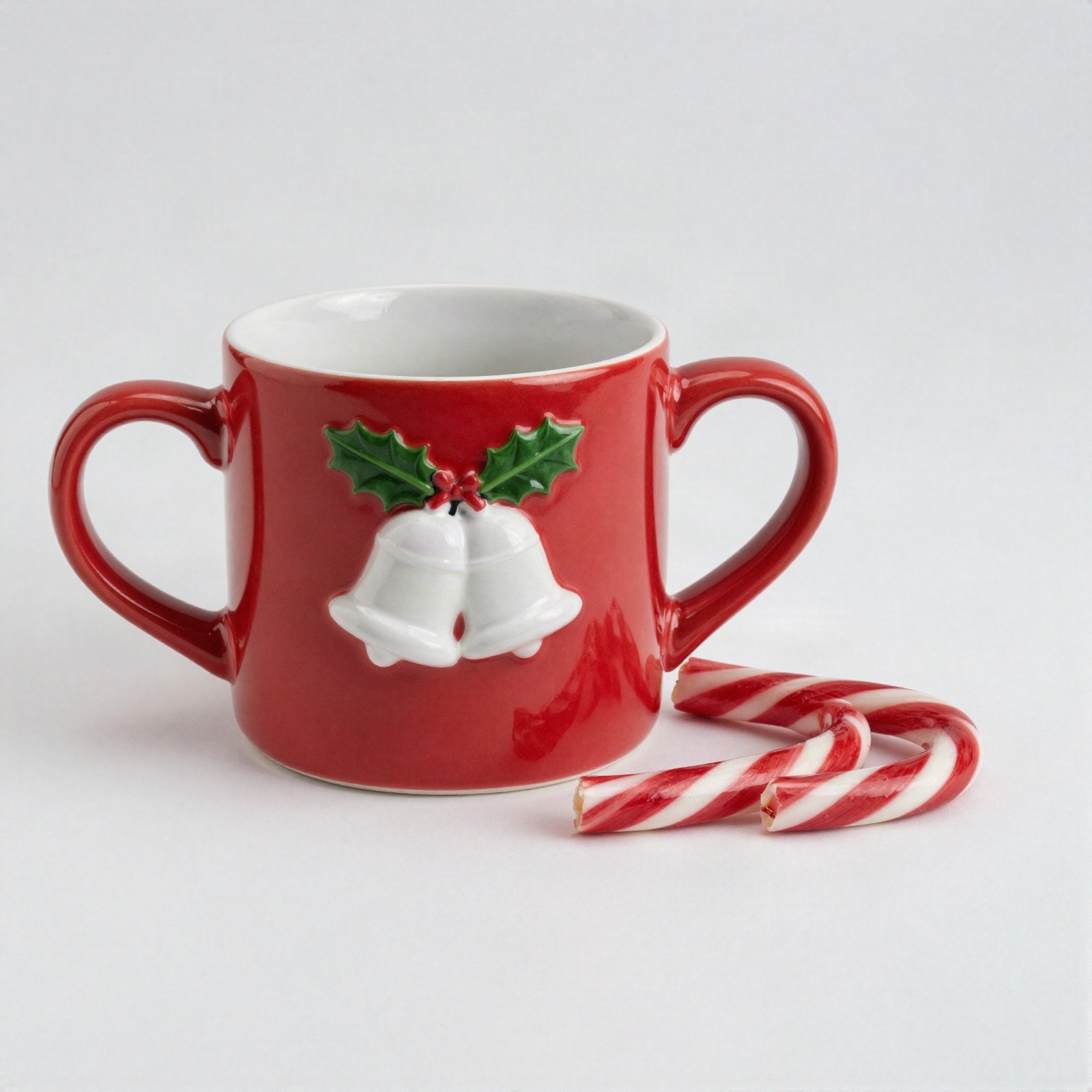 Red ceramic mug with white jingle bells and holly beside candy canes