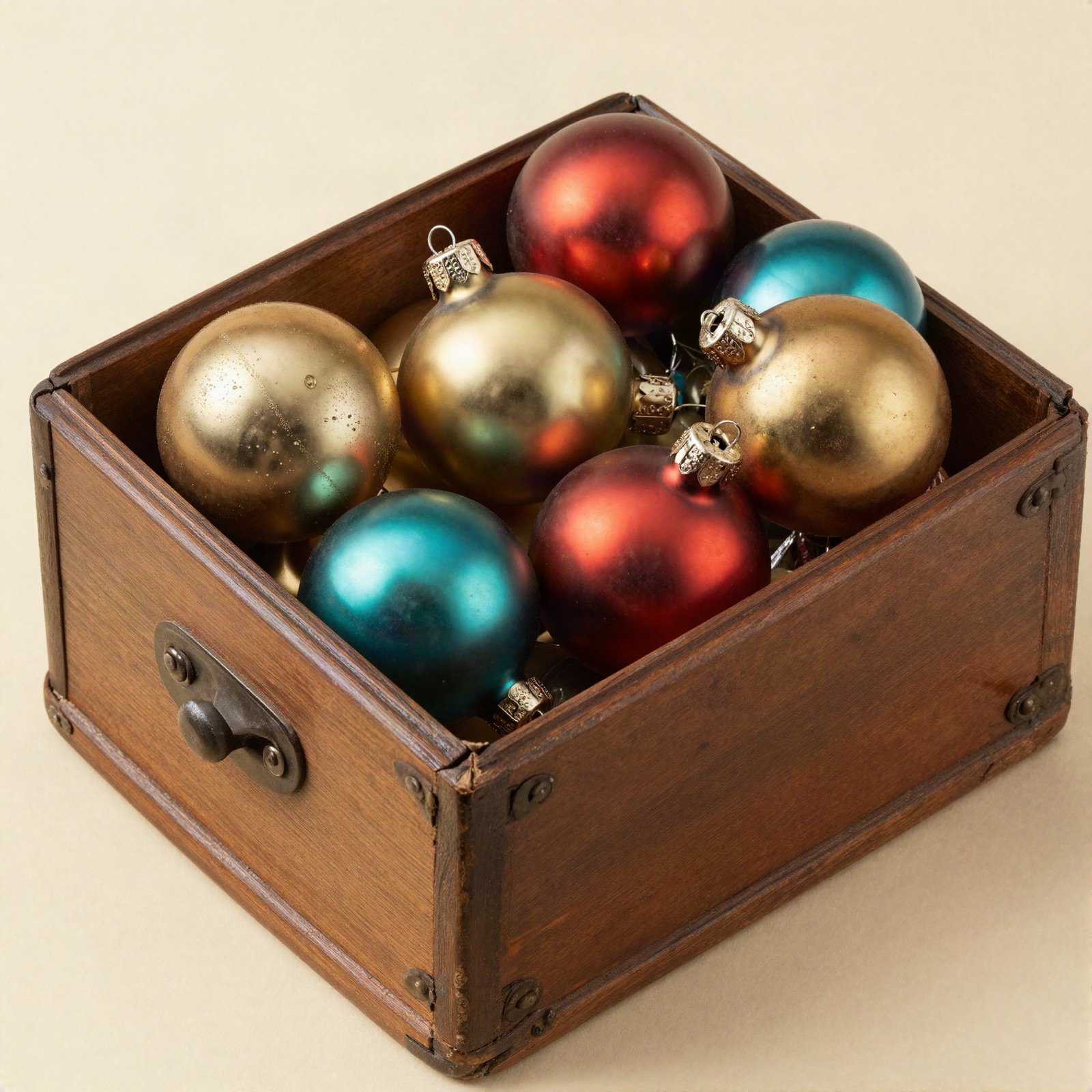 Vintage glass ornaments in an old wooden box