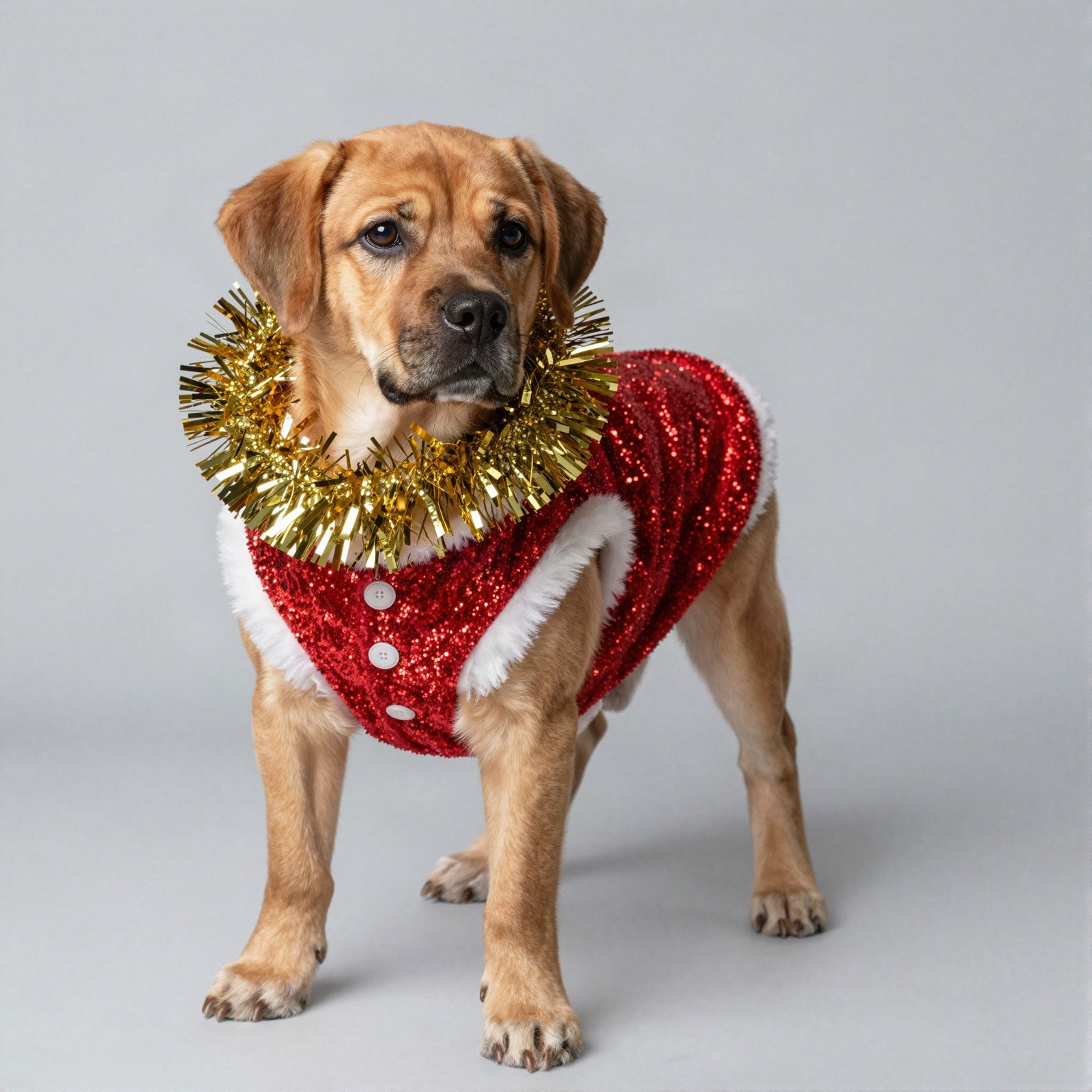 Dog in a sparkly red vest with a gold tinsel collar