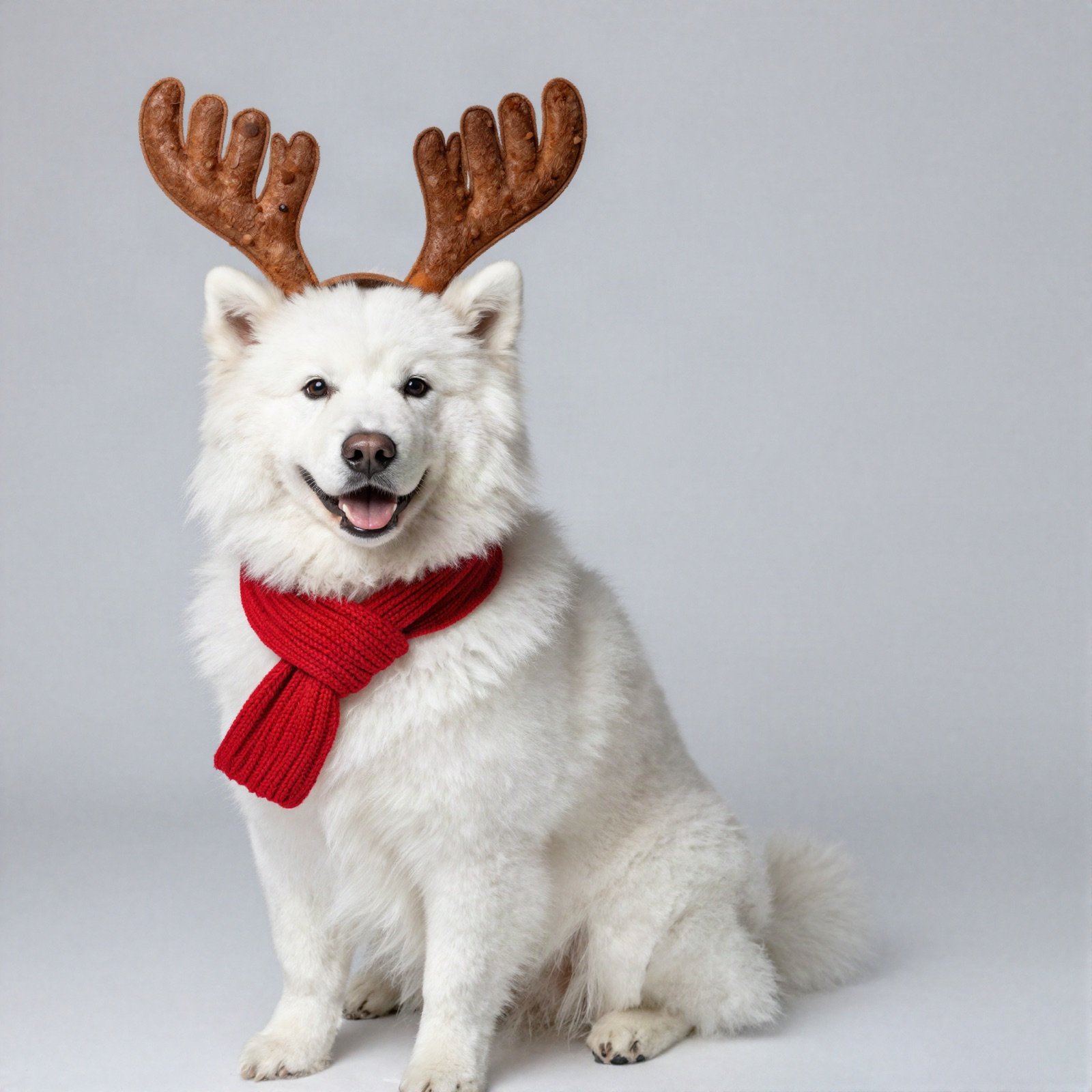 White dog wearing reindeer antlers and a red scarf