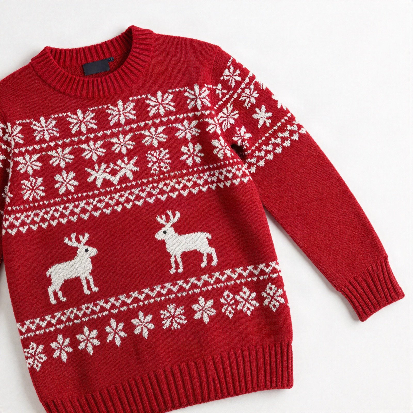 Red knitted Christmas sweater with reindeer and snowflakes