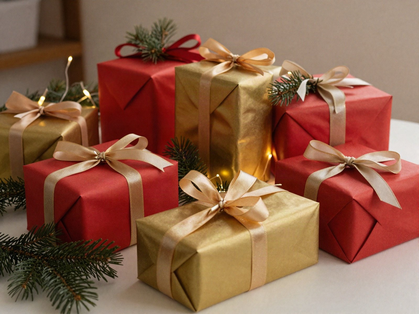 Presents wrapped in red and gold paper with pine branches and fairy lights