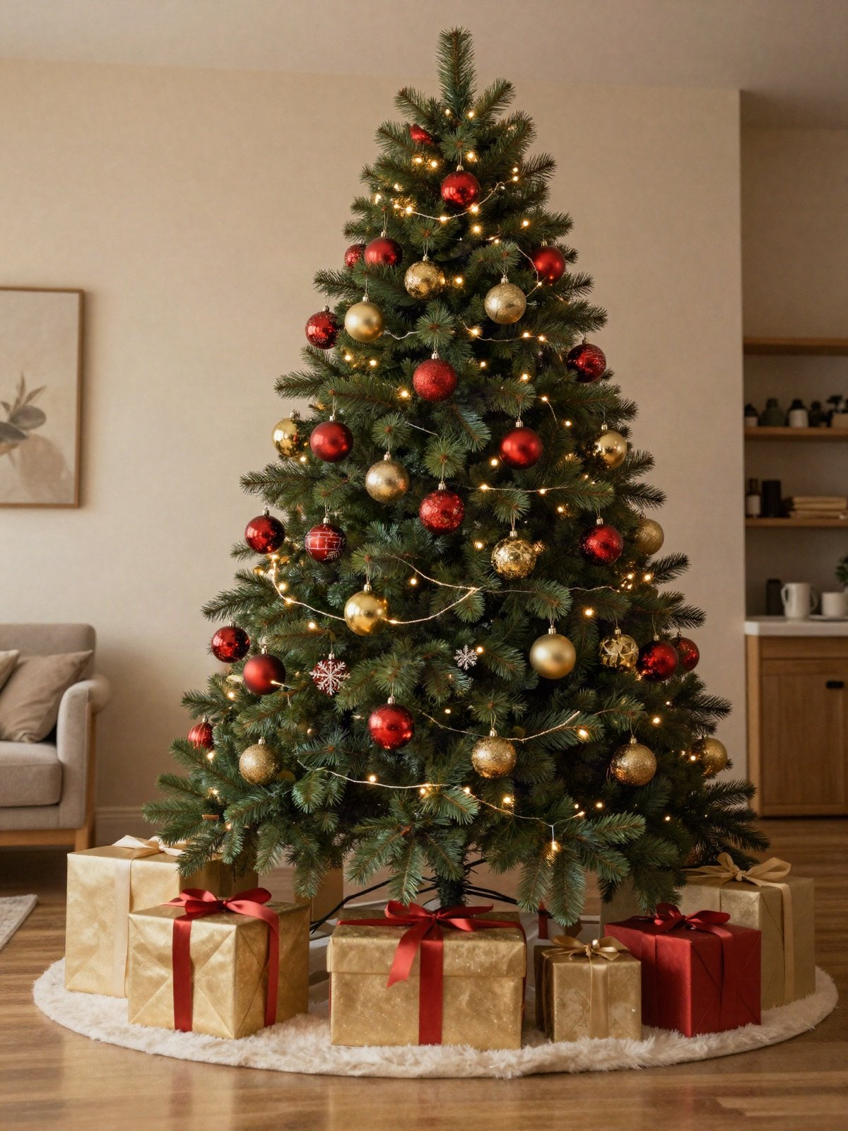Decorated Christmas tree with red and gold ornaments and presents