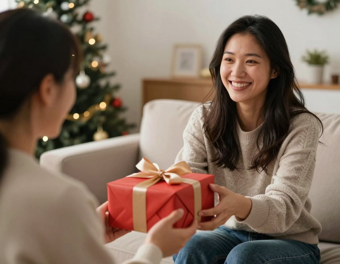 Woman handing a wrapped Christmas gift to a friend
