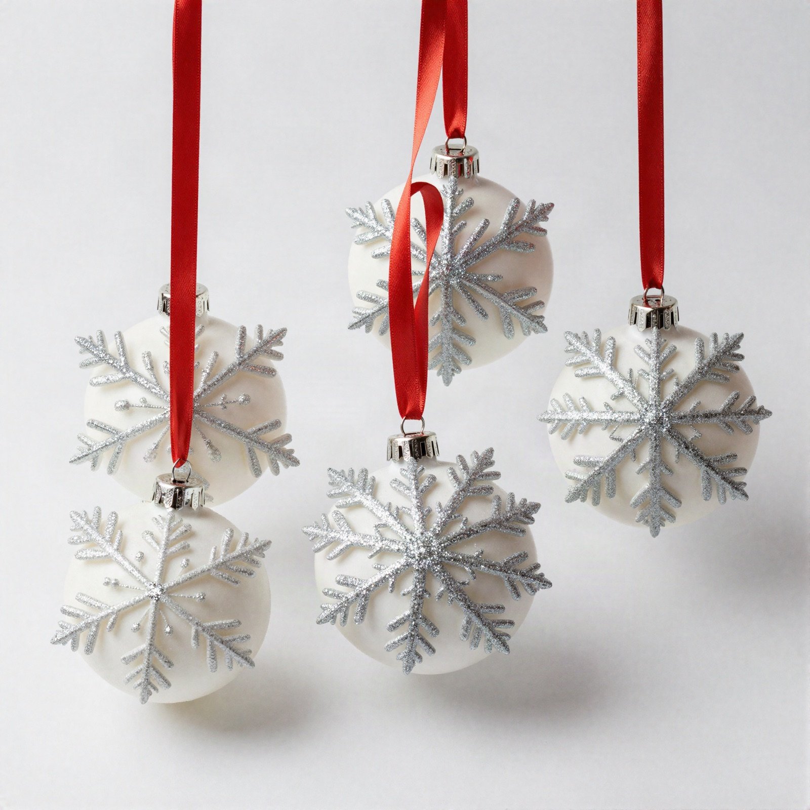 Several white and silver glittering snowflake Christmas ornaments with red ribbons