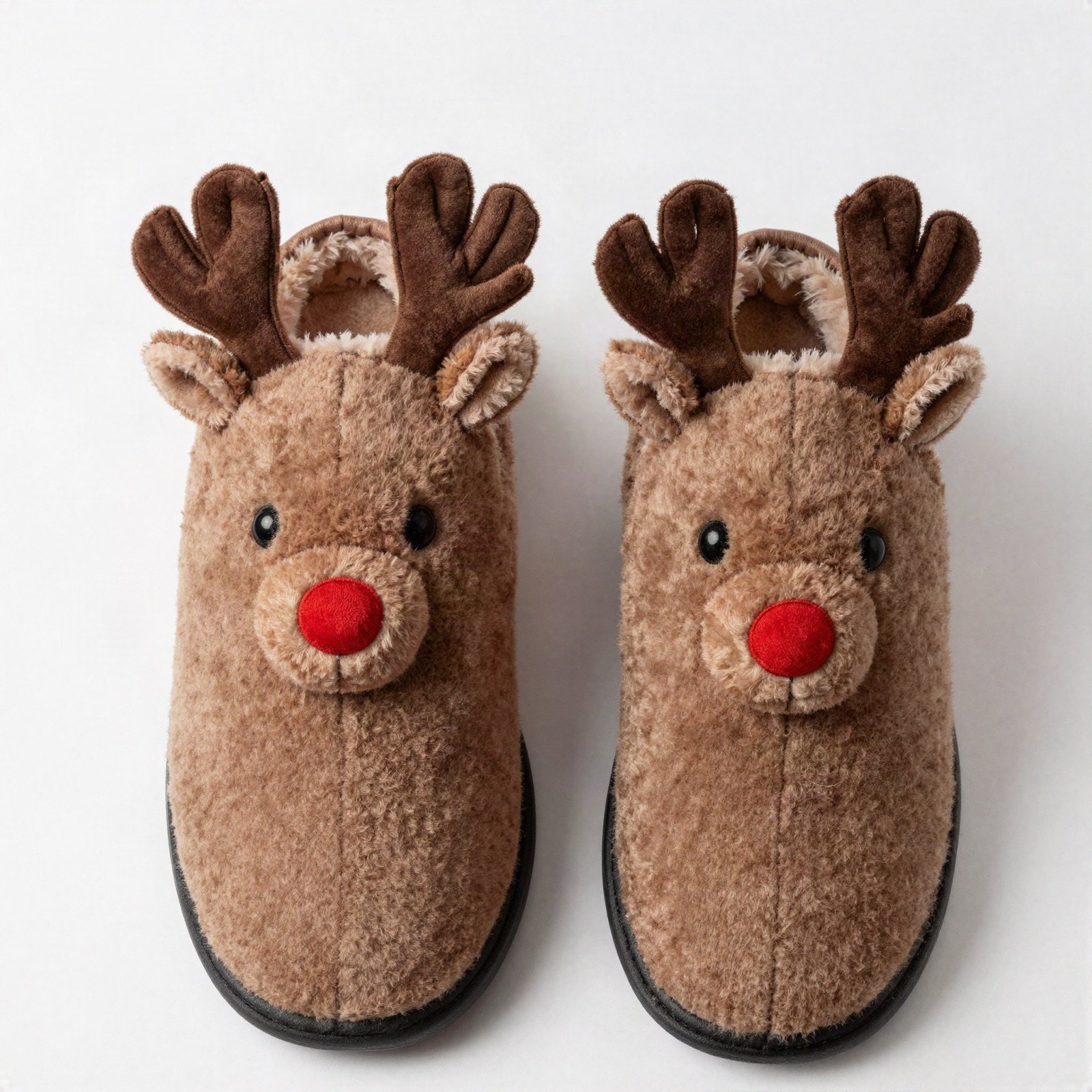A pair of cosy brown plush reindeer slippers with small antlers and red noses