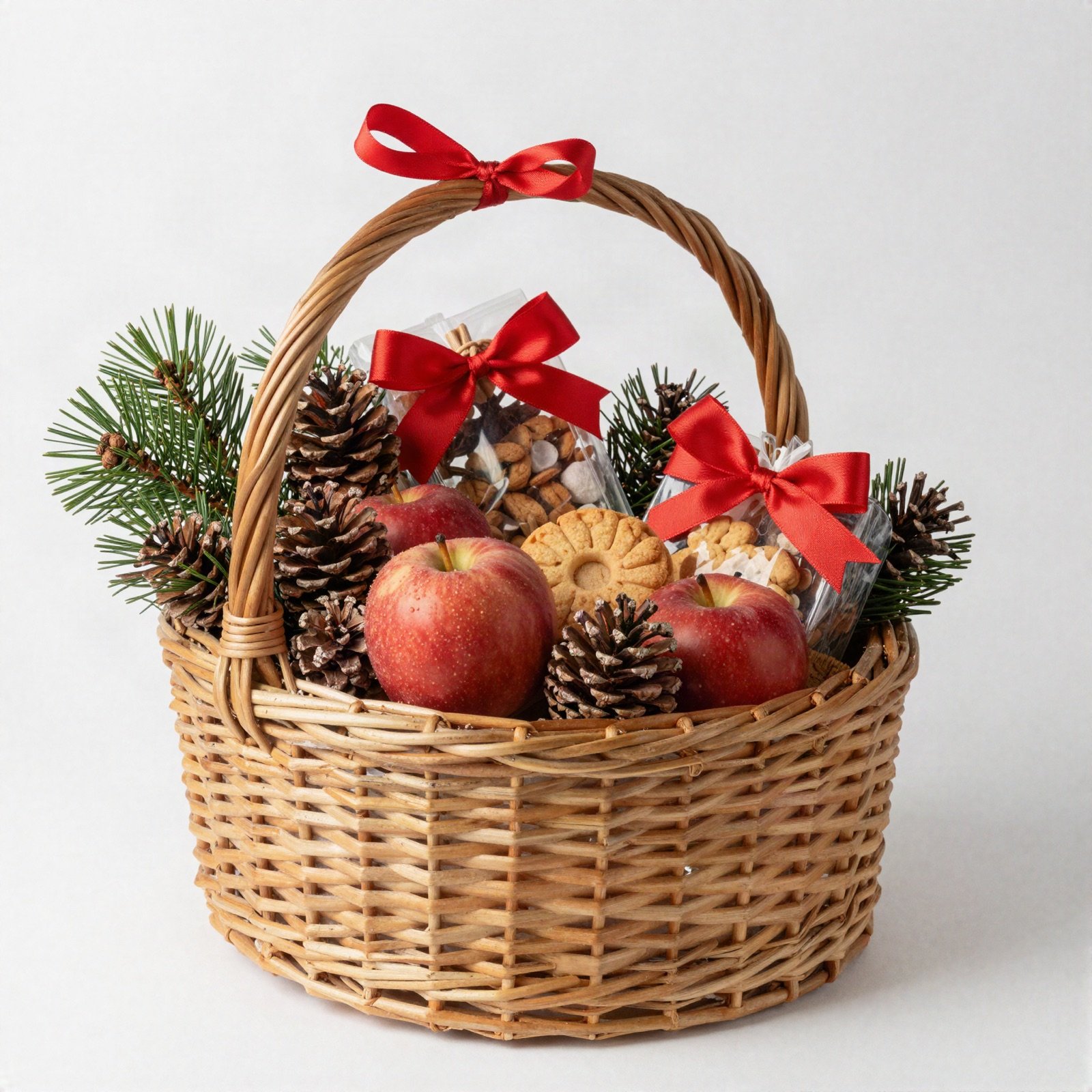A wicker Christmas gift basket filled with pine cones, red apples, cookies and wrapped treats with a red bow