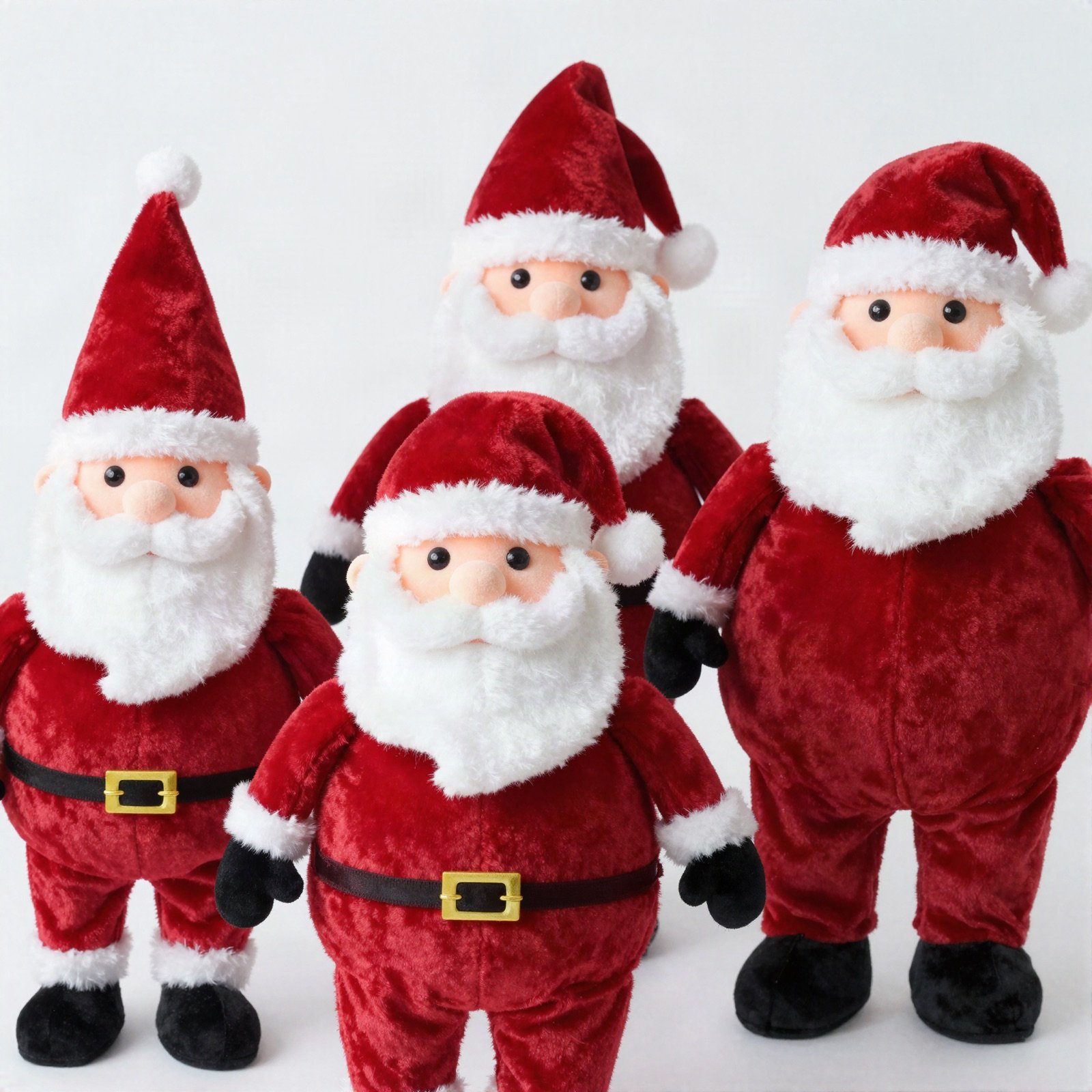 A group of plush Santa Claus figures in red velvet suits with white fur trim