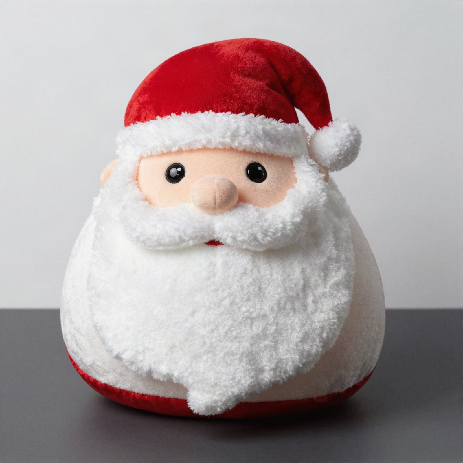 A round, soft Santa cuddle pillow toy with a red hat and fluffy white beard