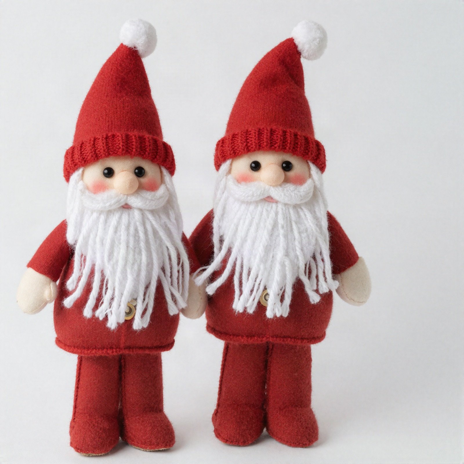 Two handmade soft Santa dolls with knitted red hats and long white beards