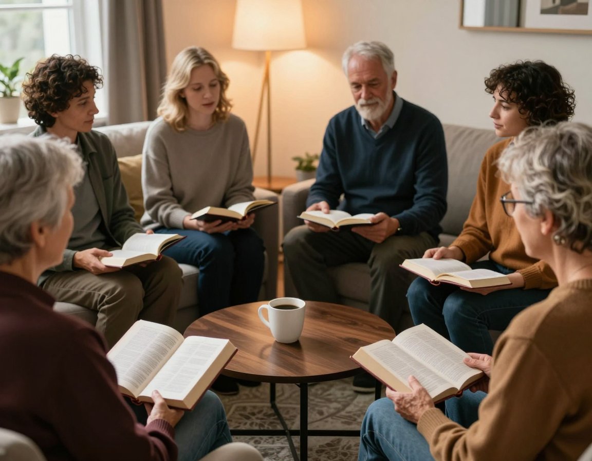 Small group reading the bible together in a living room