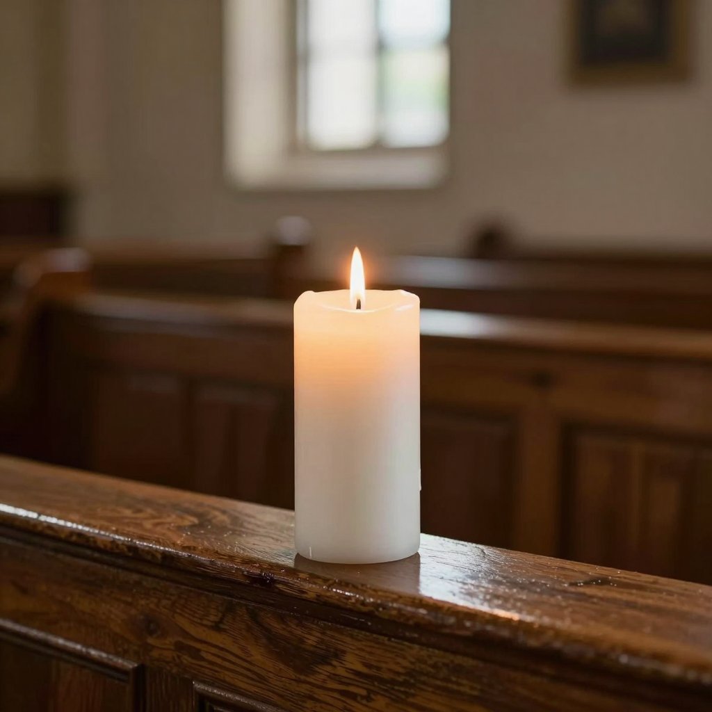 Lit candle on a wooden church pew