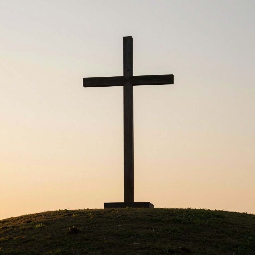 Wooden cross on a hill at sunrise